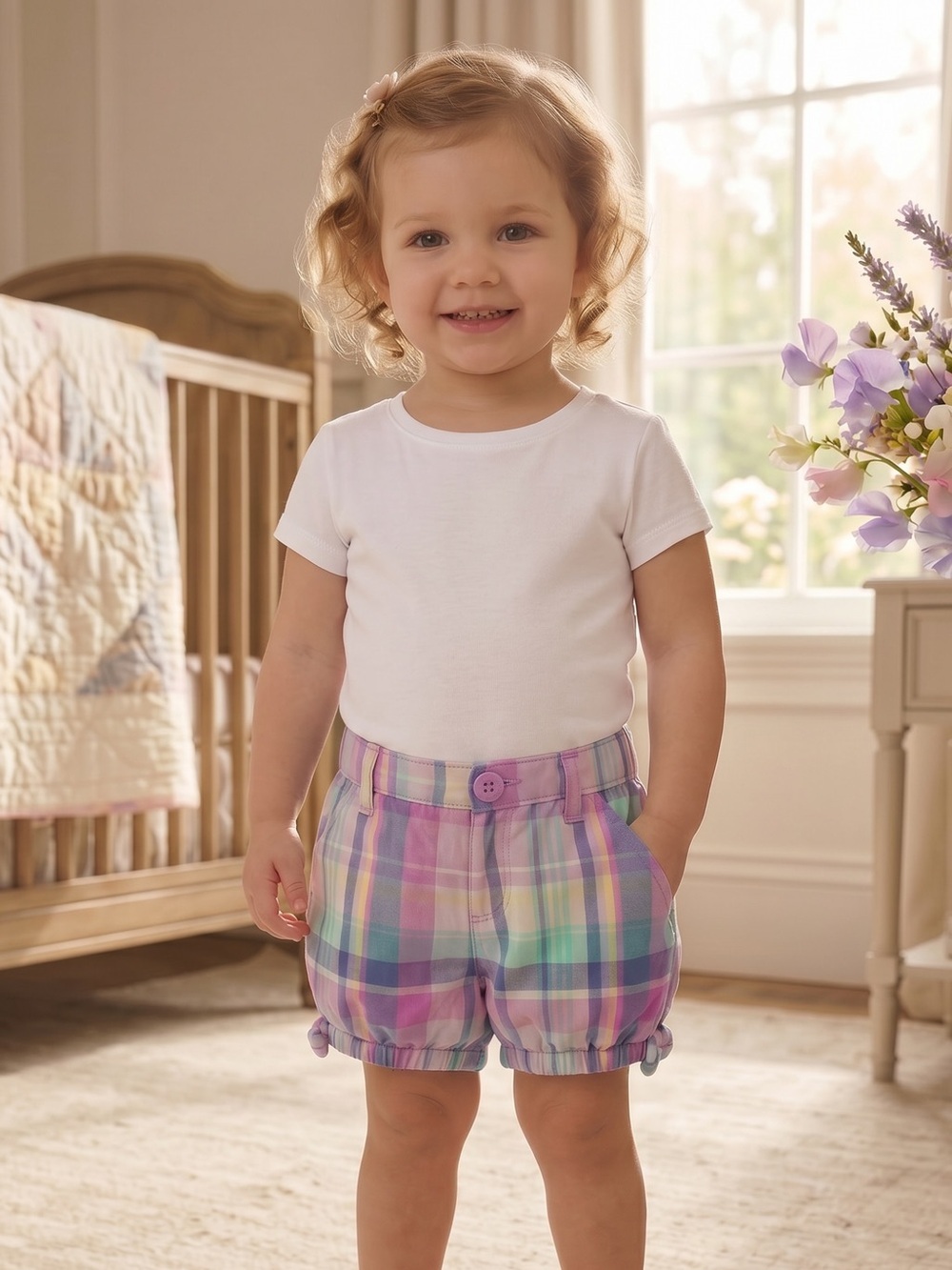 Pastel Plaid Elastic-Hem Toddler Shorts - Purple Accent